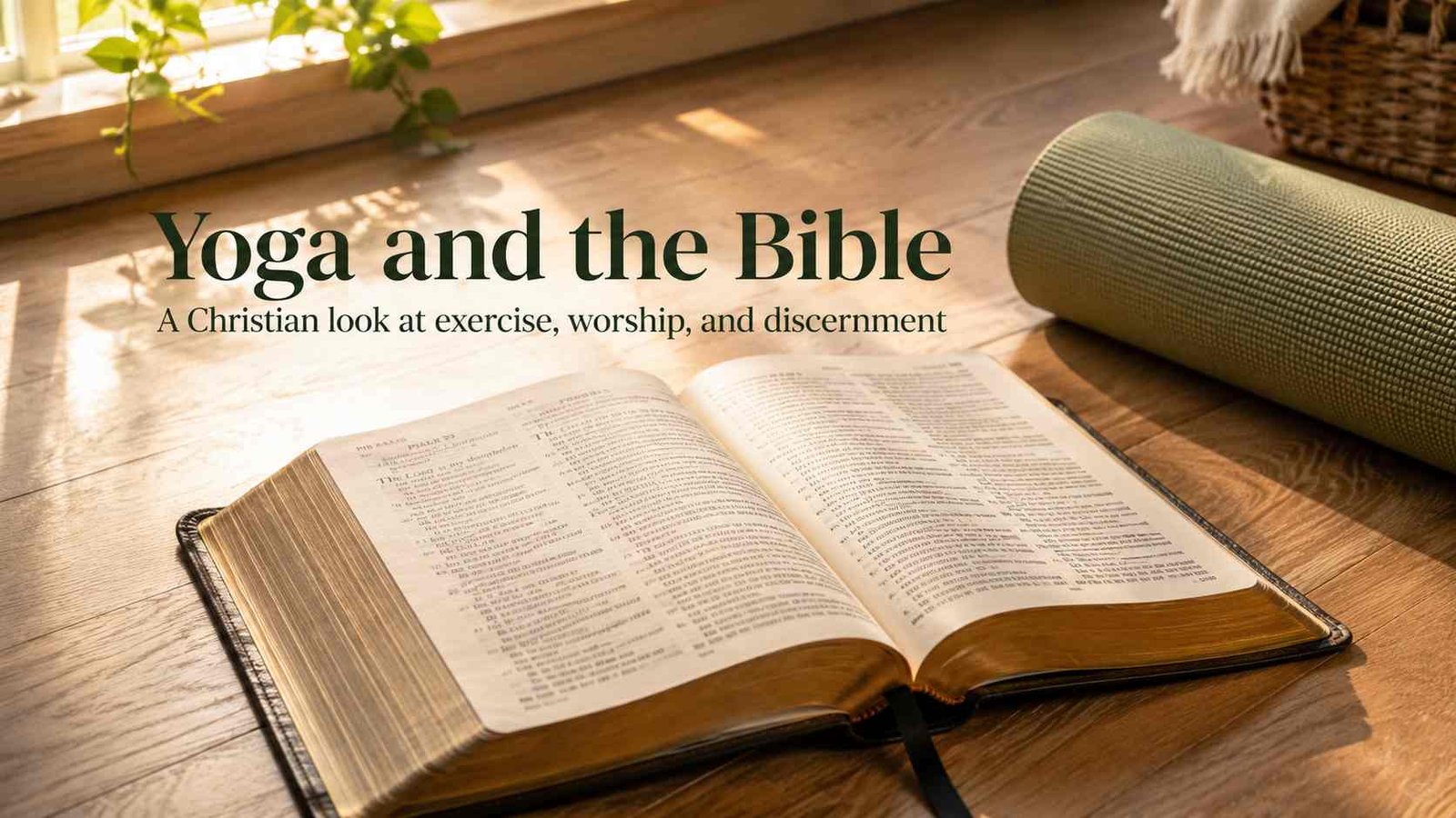An open KJV Bible beside a yoga mat, symbolizing Christian discernment about yoga and faith.