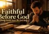 Faithful man praying beside an open Bible at sunrise