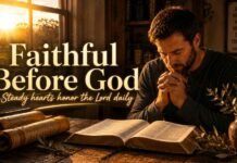 Faithful man praying beside an open Bible at sunrise