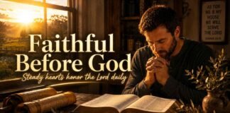 Faithful man praying beside an open Bible at sunrise