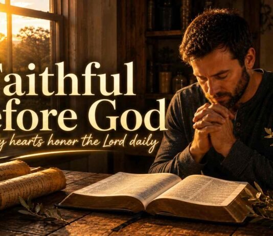 Faithful man praying beside an open Bible at sunrise
