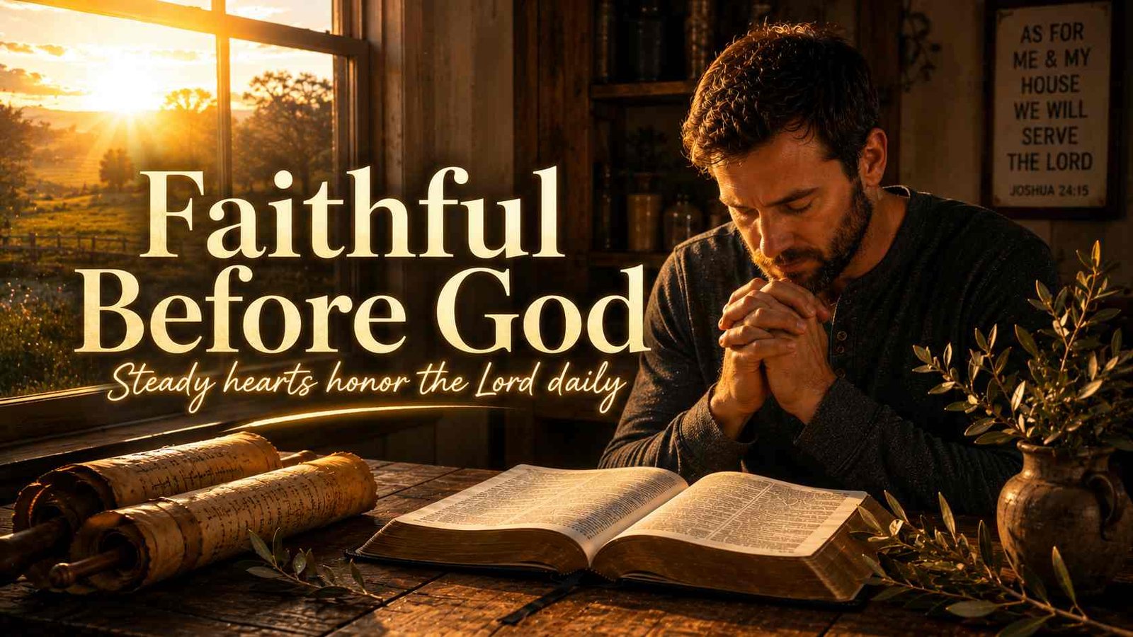 Faithful man praying beside an open Bible at sunrise