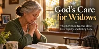 Widow praying beside an open Bible near a window