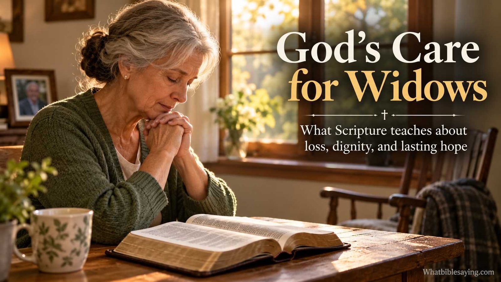 Widow praying beside an open Bible near a window