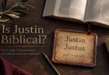Is Justin a Biblical Name? Meaning, Origin, and Christian Connection Is Justin a Biblical Name shown beside an open Bible and name notes