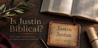 Is Justin a Biblical Name shown beside an open Bible and name notes