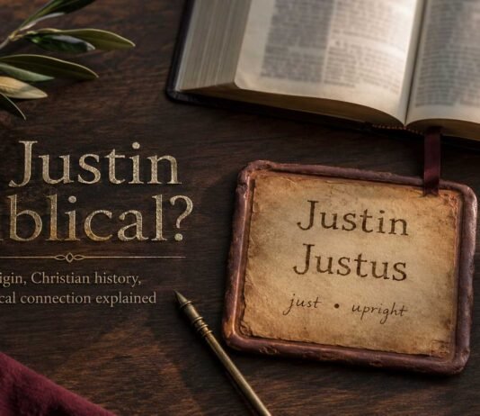 Is Justin a Biblical Name? Meaning, Origin, and Christian Connection Is Justin a Biblical Name shown beside an open Bible and name notes
