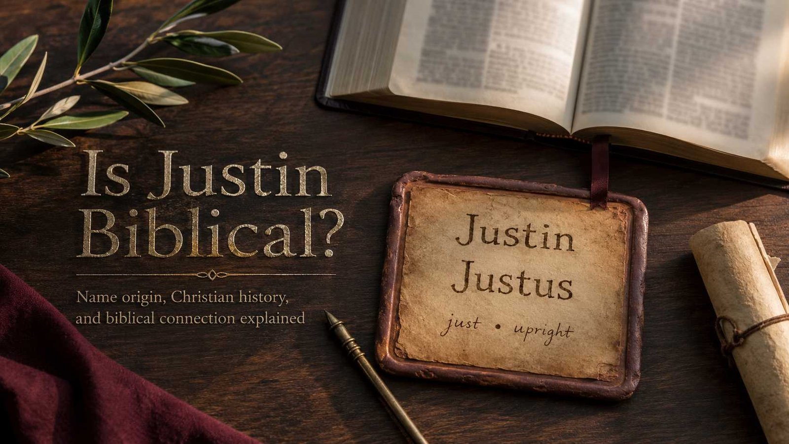 Is Justin a Biblical Name shown beside an open Bible and name notes