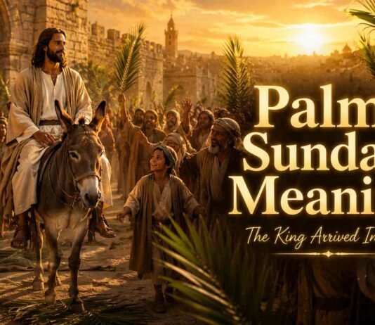 What Does Palm Sunday Mean In The Bible? Jesus entering Jerusalem on Palm Sunday with palm branches raised