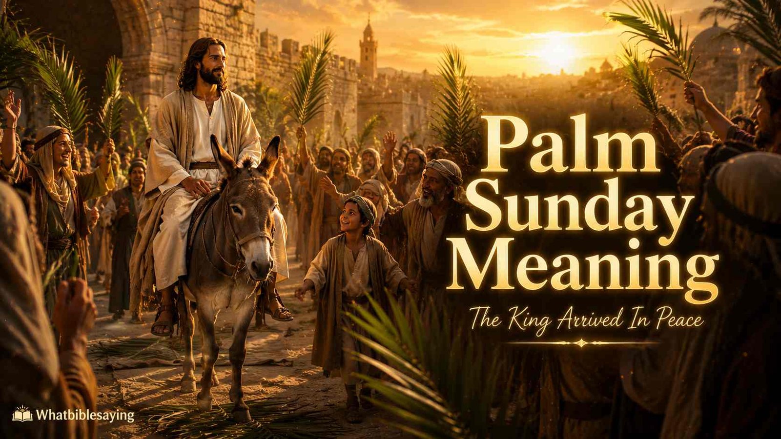 Jesus entering Jerusalem on Palm Sunday with palm branches raised