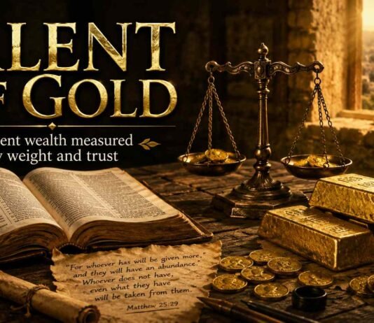 Talent of gold in the Bible beside ancient scales and Scripture