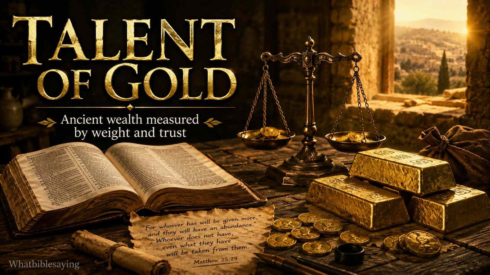 Talent of gold in the Bible beside ancient scales and Scripture