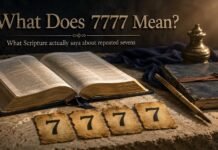 What Does 7777 Mean in the Bible? A Careful Biblical Answer What Does 7777 Mean in the Bible with an open Bible and four sevens