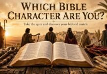 Which Bible Character Are You? Take the Quiz and Find Your Match Which Bible Character Are You quiz with an open Bible and figures