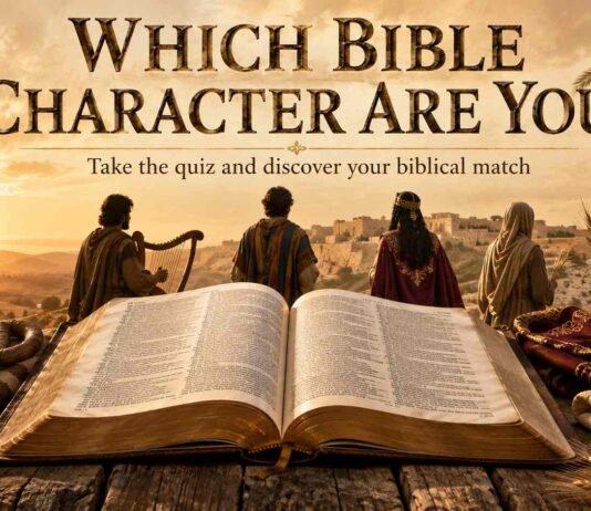 Which Bible Character Are You? Take the Quiz and Find Your Match Which Bible Character Are You quiz with an open Bible and figures