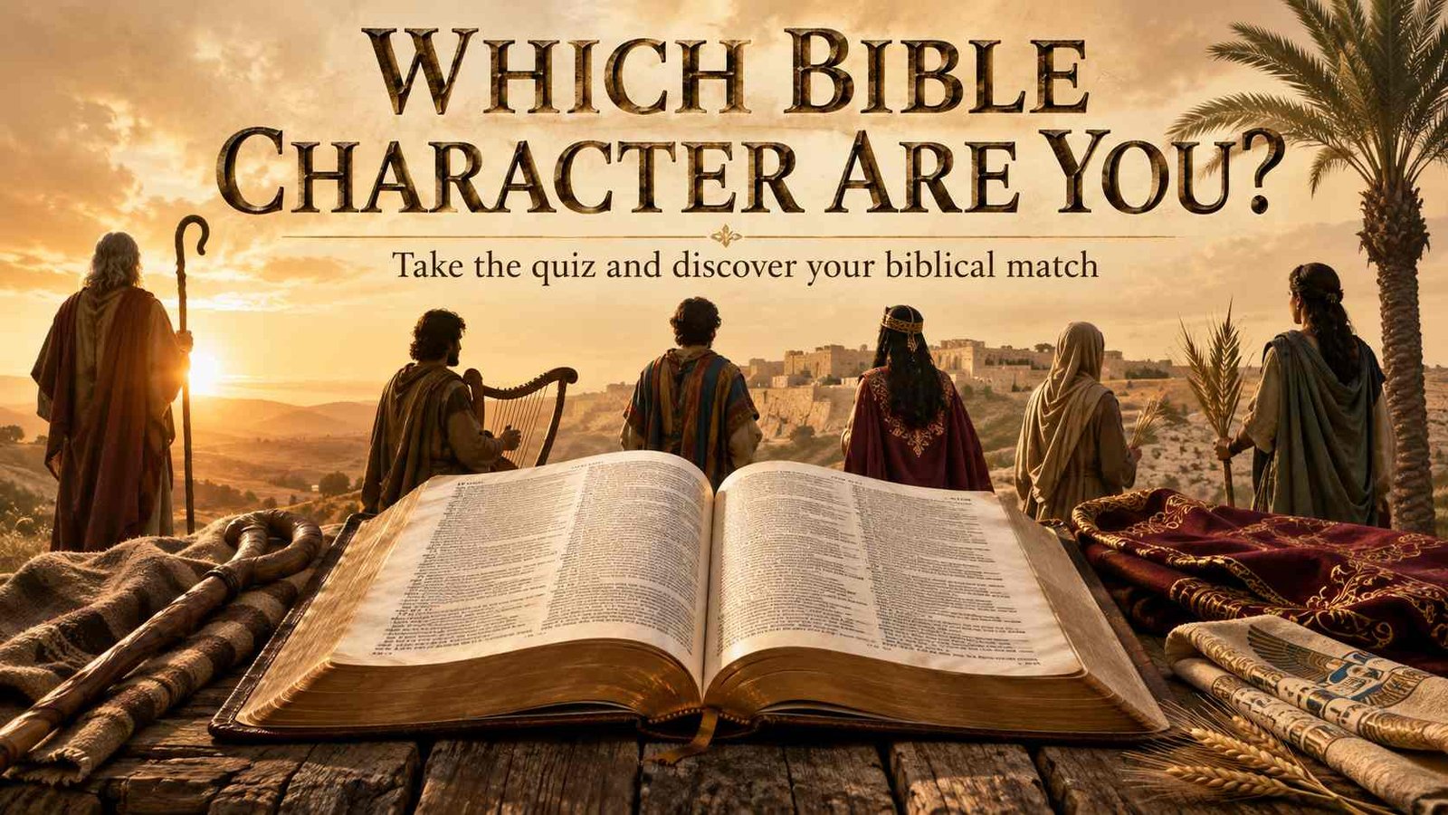 Which Bible Character Are You quiz with an open Bible and figures