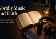 An open Bible beside headphones invites thoughtful Christian discernment about everyday music.