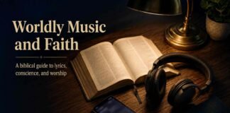 An open Bible beside headphones invites thoughtful Christian discernment about everyday music.