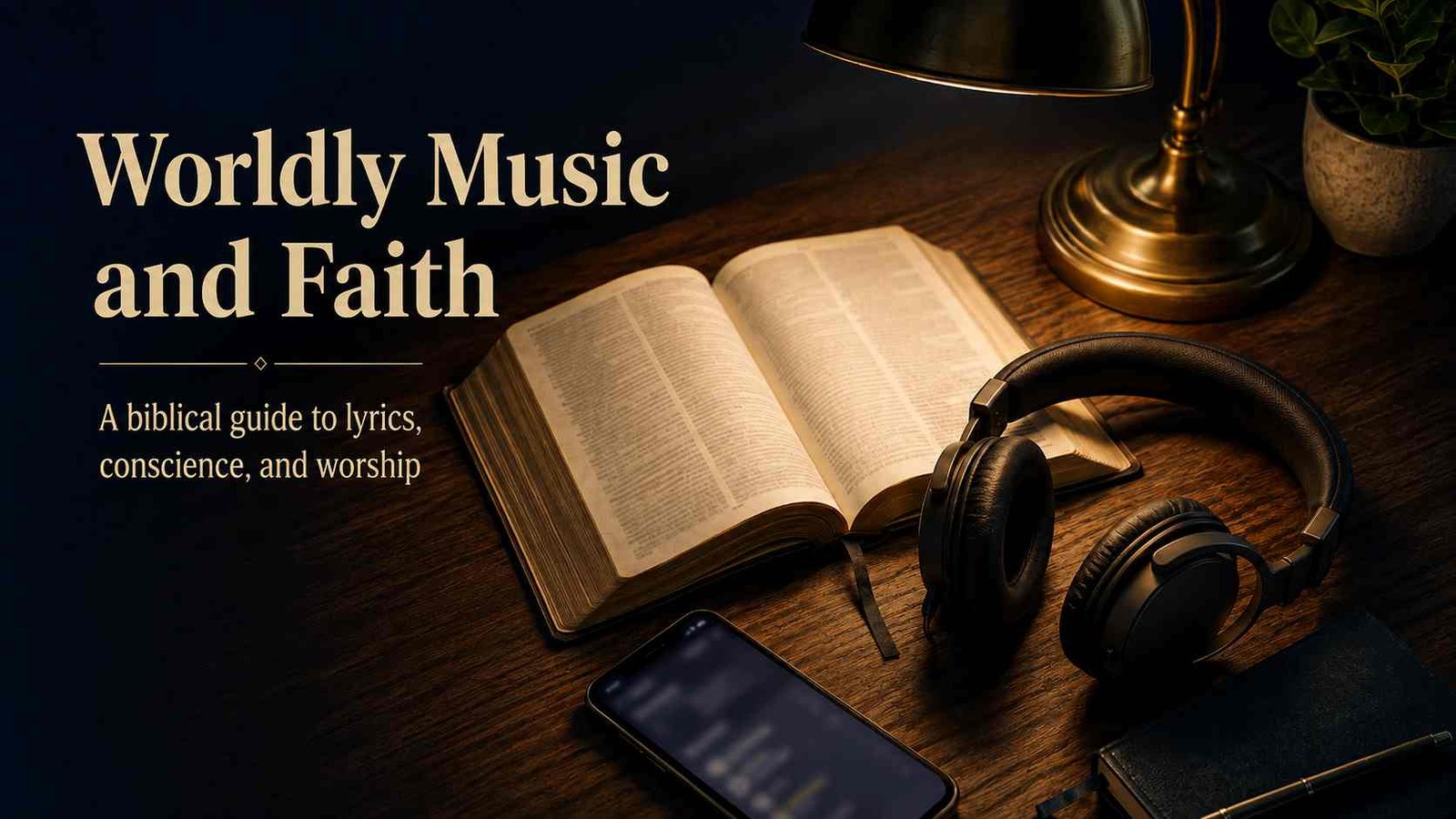An open Bible beside headphones invites thoughtful Christian discernment about everyday music.