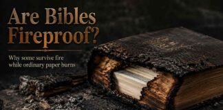 Are Bibles Fireproof shown with a fire-damaged Bible on a table