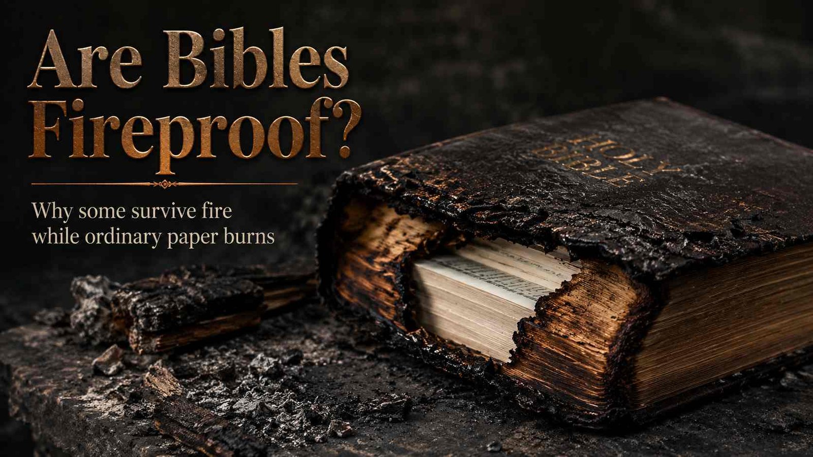 Are Bibles Fireproof shown with a fire-damaged Bible on a table