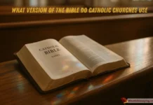 A Catholic Bible on a wooden pew with soft morning light