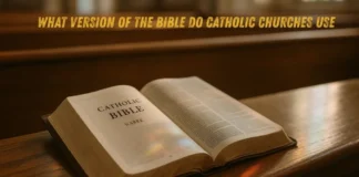 A Catholic Bible on a wooden pew with soft morning light