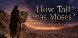 Moses stands near Mount Sinai with the tablets, reflecting Scripture's silence about his height.