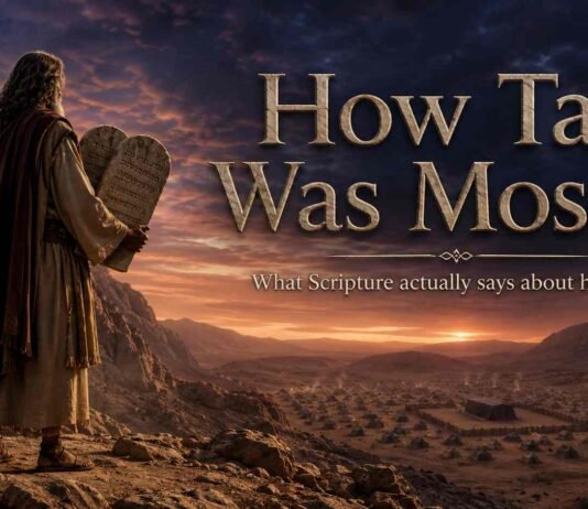 Moses stands near Mount Sinai with the tablets, reflecting Scripture's silence about his height.