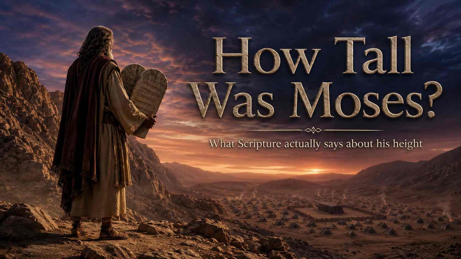 Moses stands near Mount Sinai with the tablets, reflecting Scripture's silence about his height.