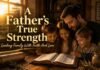 A peaceful father leads his family in prayer, reflecting biblical love and faithful leadership.