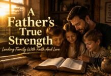 What Does The Bible Say About A Good Father? A peaceful father leads his family in prayer, reflecting biblical love and faithful leadership.