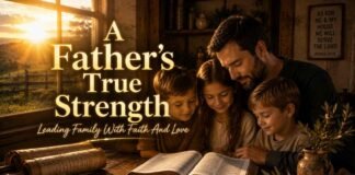 What Does The Bible Say About A Good Father? A peaceful father leads his family in prayer, reflecting biblical love and faithful leadership.