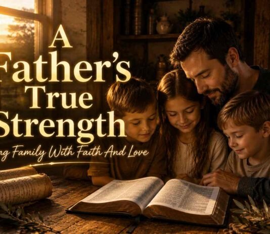 A peaceful father leads his family in prayer, reflecting biblical love and faithful leadership.
