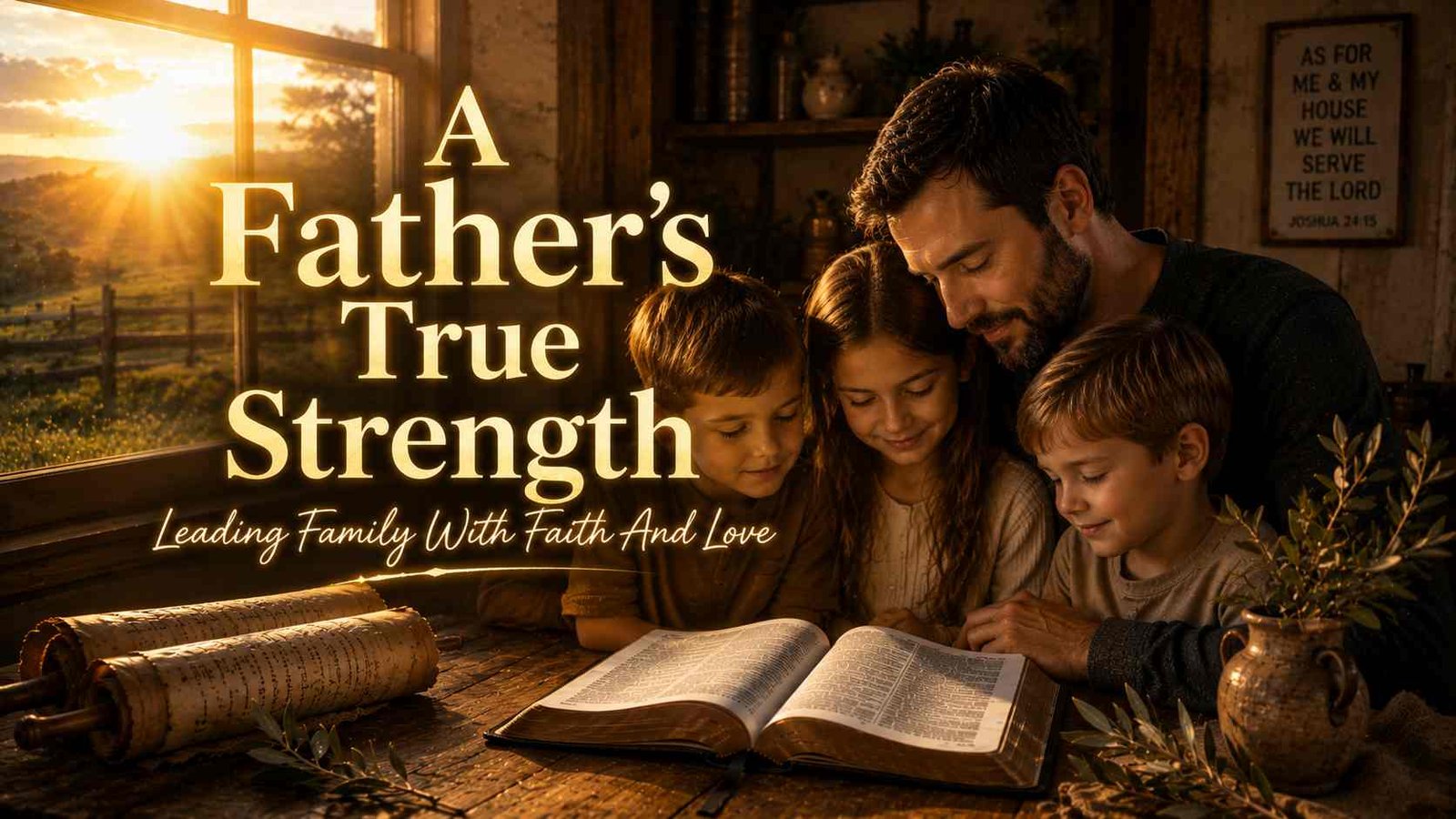 A peaceful father leads his family in prayer, reflecting biblical love and faithful leadership.
