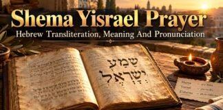Shema Yisrael prayer transliteration beside Hebrew Scripture