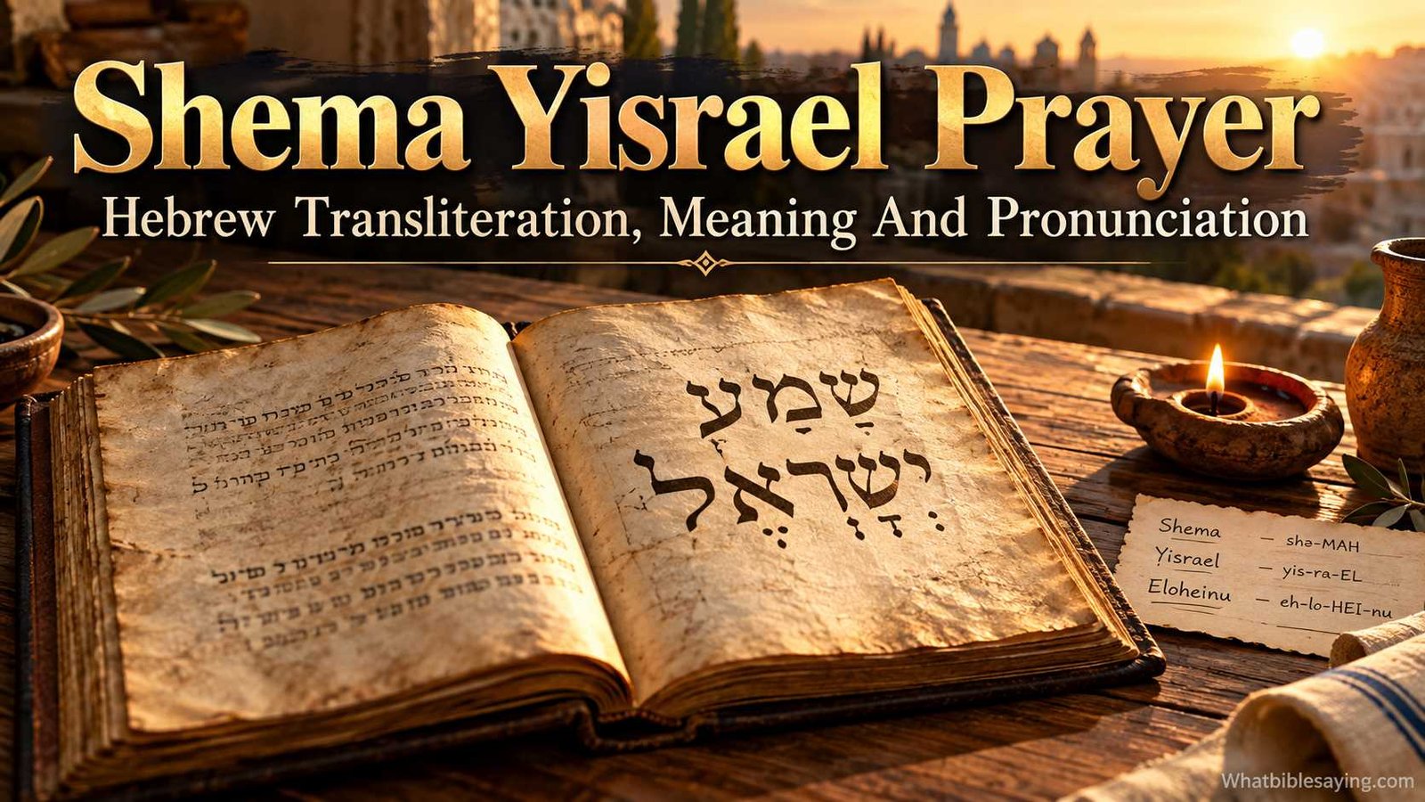 Shema Yisrael prayer transliteration beside Hebrew Scripture
