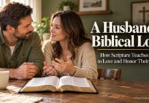 Husband and wife reading a Bible together at home
