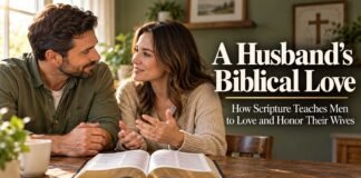 Husband and wife reading a Bible together at home