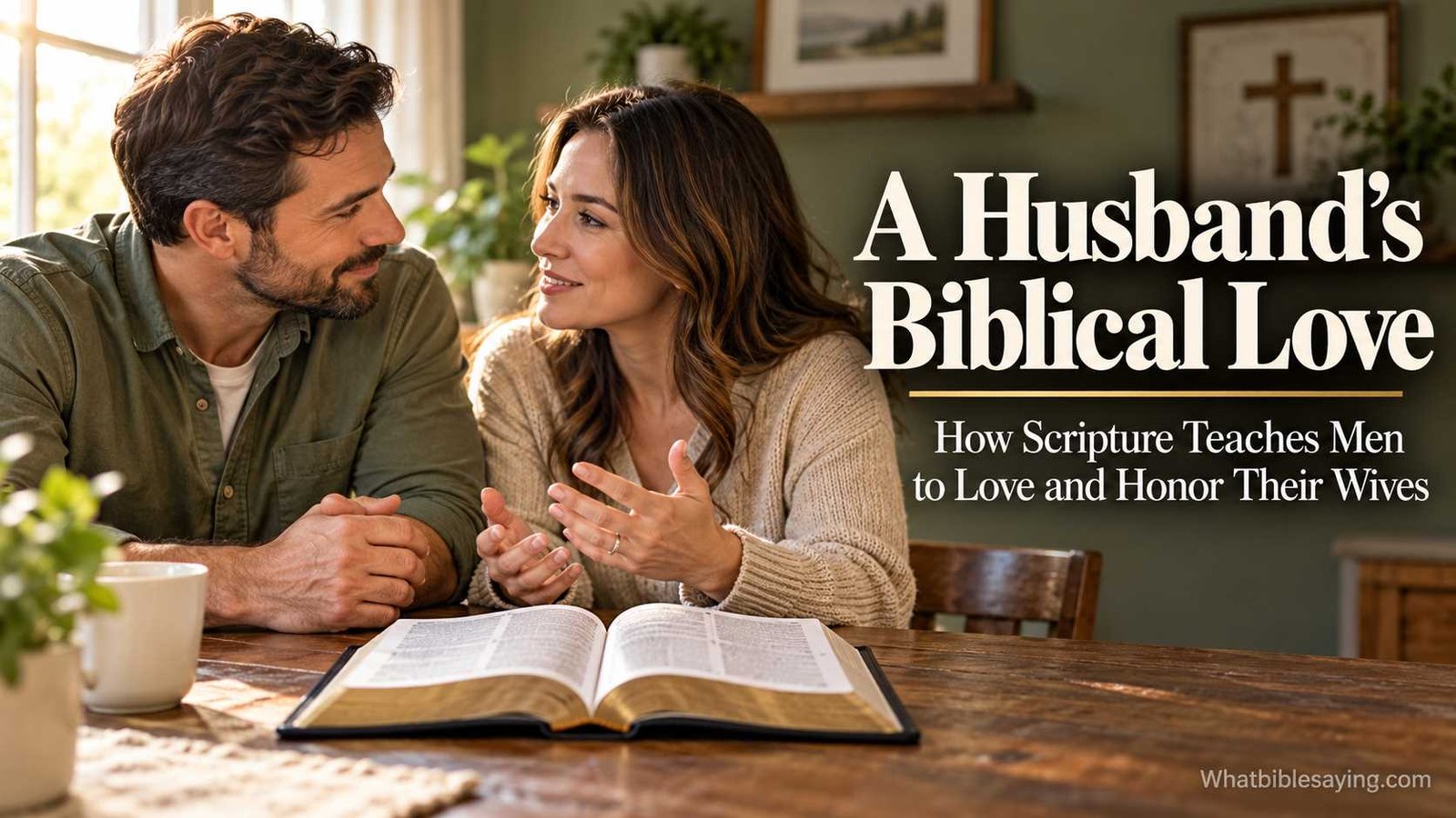 Husband and wife reading a Bible together at home