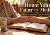 Bible verse about respecting parents beside family hands