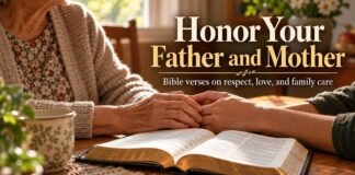 Bible Verse About Respecting Parents: 12 Scriptures Explained Bible verse about respecting parents beside family hands